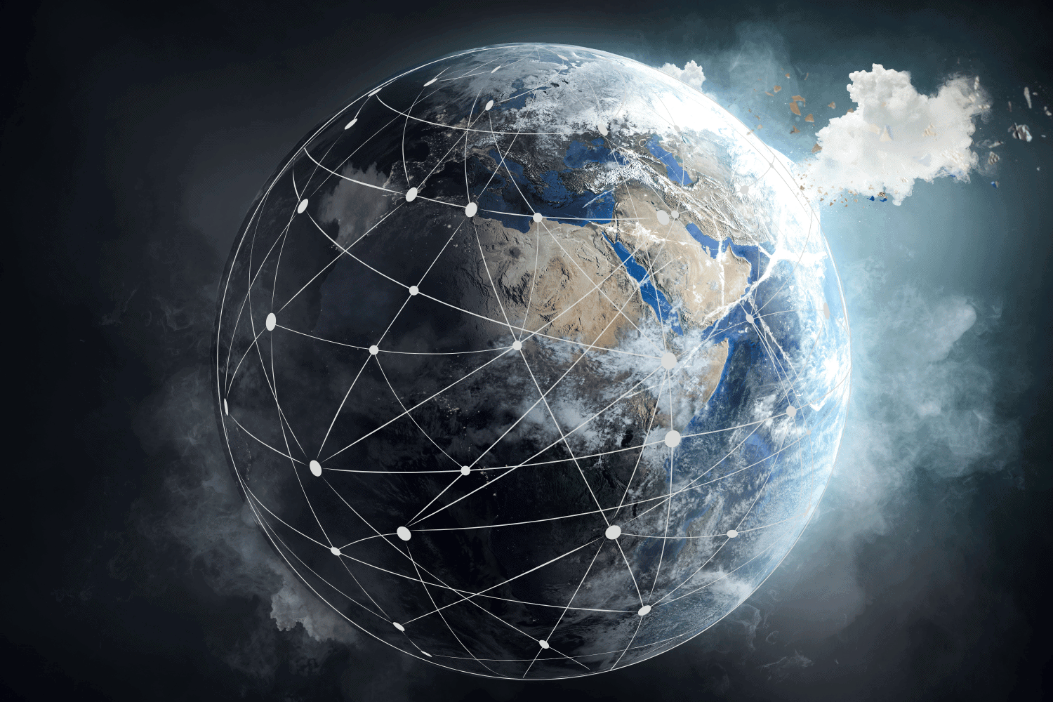 image of earth with interconnected links and smoke coming off the earth