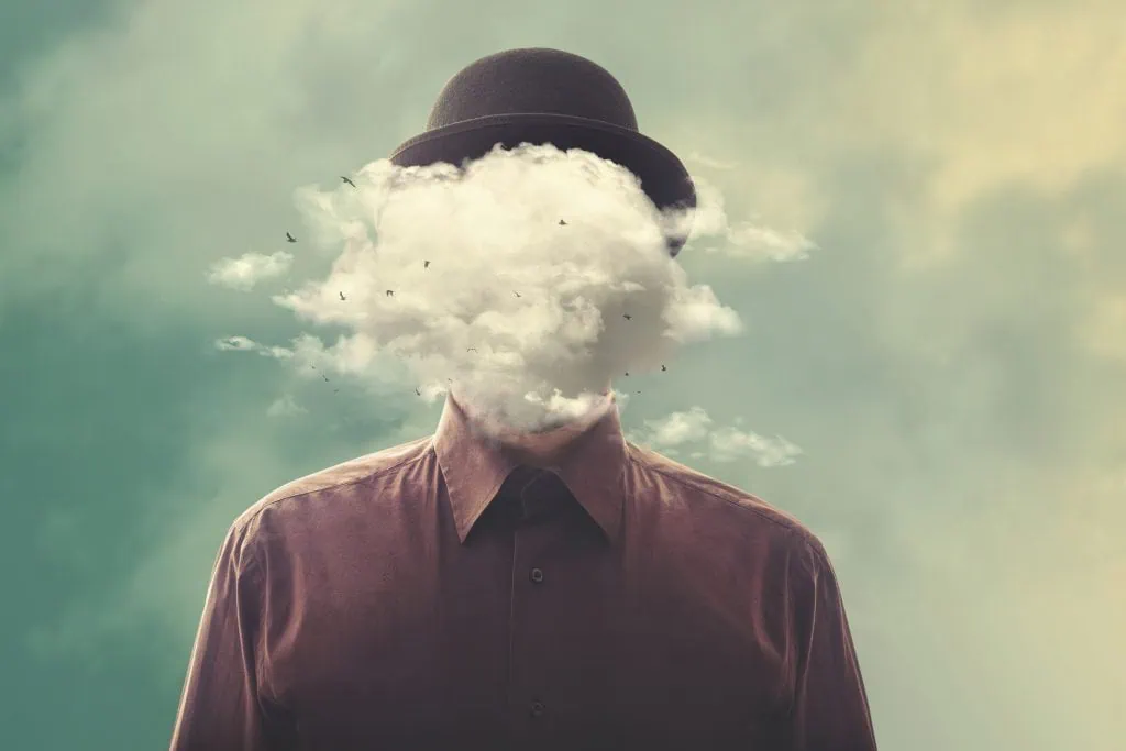 painting of a man with face replace by a cloud to represent dehumanization