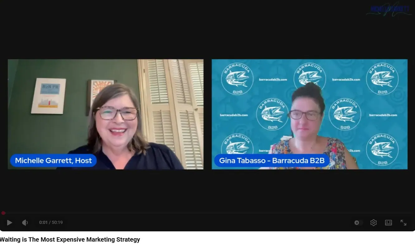 PR Explored podcast with host Michelle Garrettt and guest Gina Tabasso of Barracuda B2B discussing the topic "Waiting is the Most Expensive Marketing Strategy"