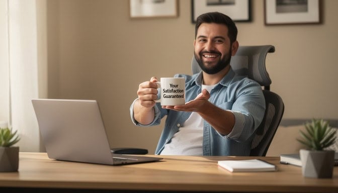 man in desk chair with laptop holding up coffee mug that says "Your Satisfaction Guaranteed"