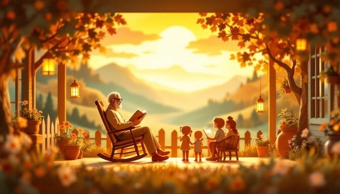 grandfather in a rocking chair reading a story to his four grandchildren at sunset