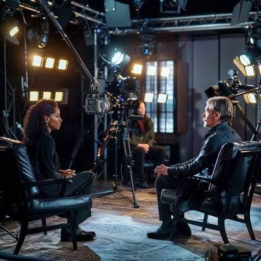 woman conducting a studio interview with a man