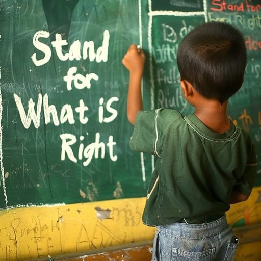 Young boy writing on the chalkboard "Stand for what is right"
