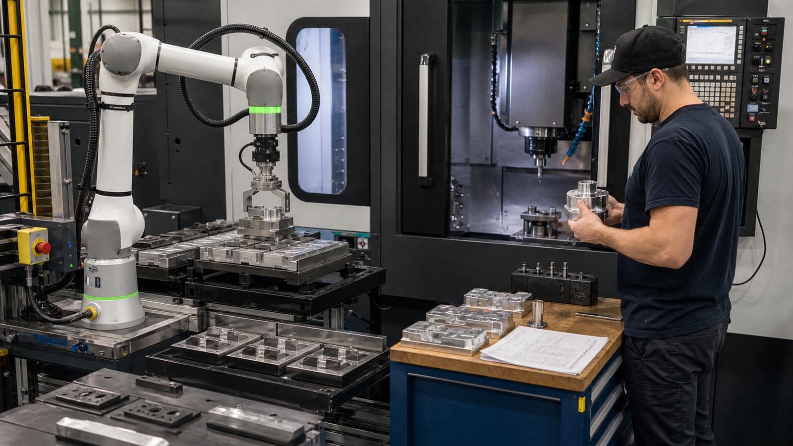 A skilled machinist or manufacturing employee working at a CNC machine, with a cobot operating nearby and subtle digital/AI workflow elements connecting the machine, production data and information systems.