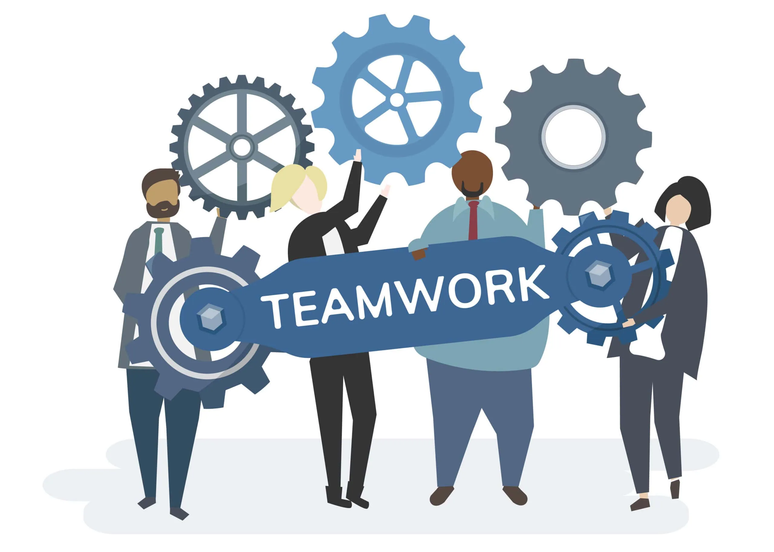 People holding cogs and a sign that says teamwork
